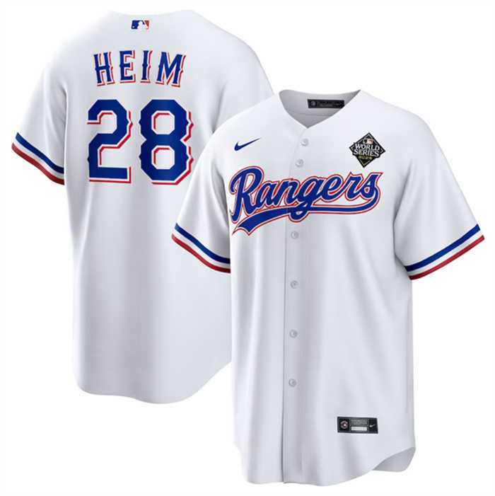 Mens Texas Rangers #28 Jonah Heim 2023 White World Series Stitched Baseball Jersey Dzhi